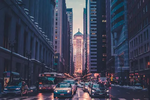 A city skyline and neighborhood buildings